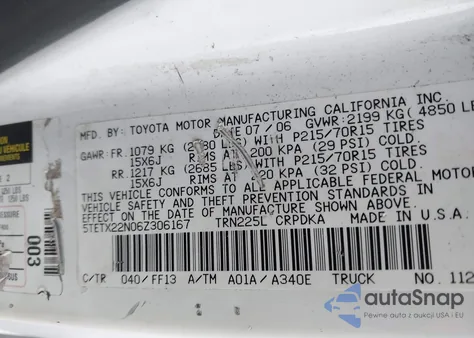 2006 Toyota Tacoma z USA, uszkodzony, nr VIN 5TETX22N06Z306167